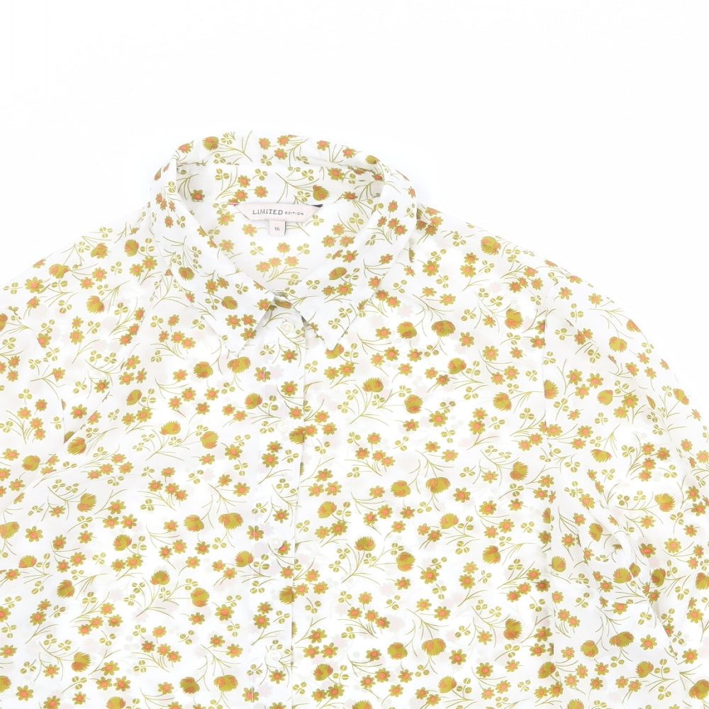 Marks and Spencer Womens White Floral Polyester Basic Button-Up Size 16 Collared
