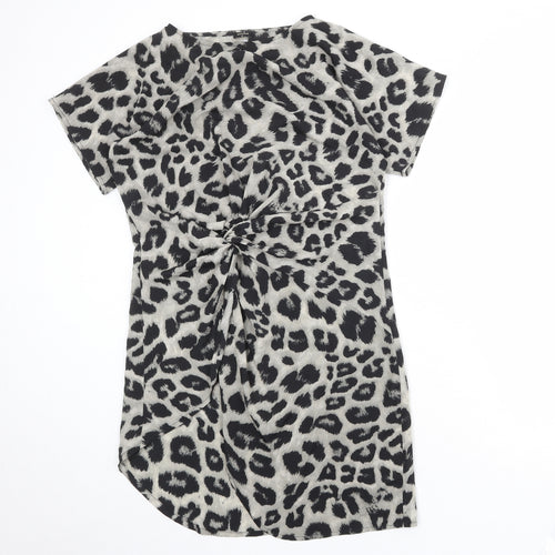 Vonda Womens Beige Animal Print Polyester A-Line Size S Boat Neck Pullover - Leopard Pattern