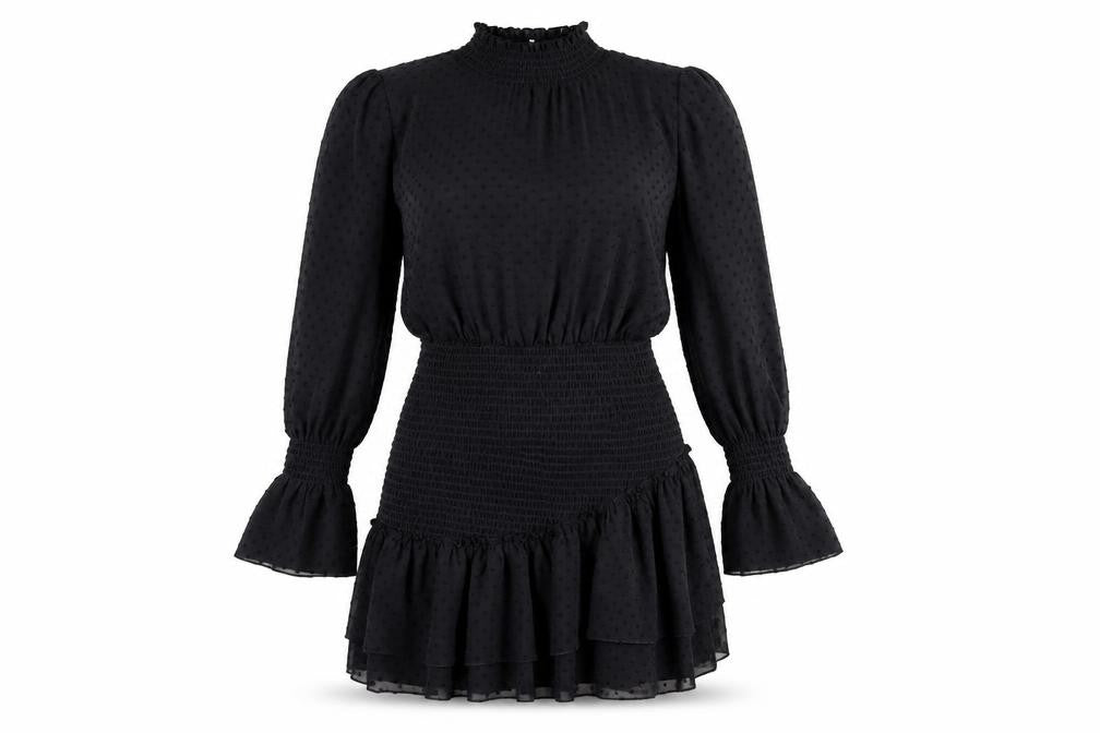 Front view of NLW women’s black polka dot polyester bodycon, size L, round neck pullover