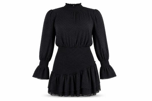 Front view of NLW women’s black polka dot polyester bodycon, size L, round neck pullover