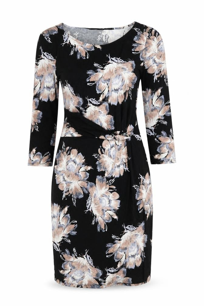 Front view of Wallis women’s black floral viscose a-line, size UK 10, round neck pullover