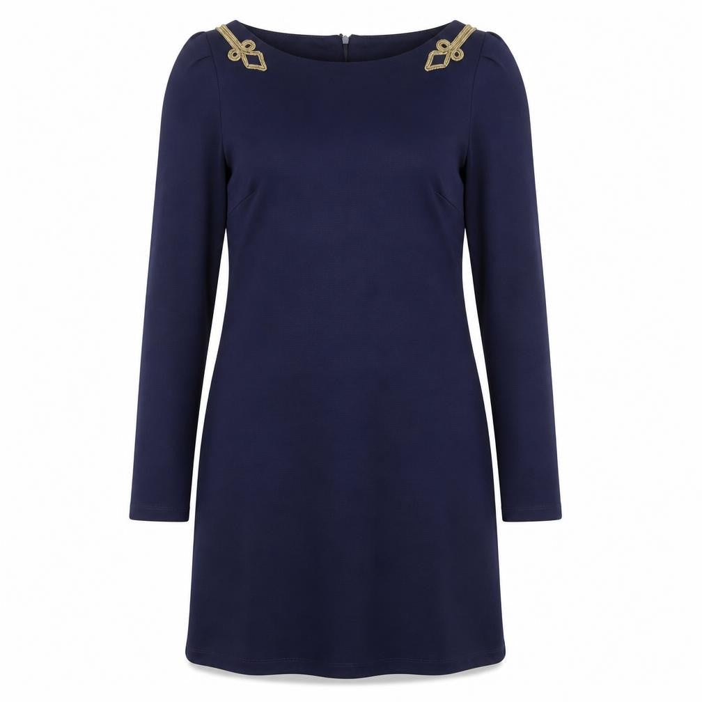 Front view of River Island women’s blue polyester a-line, size UK 10, round neck zip