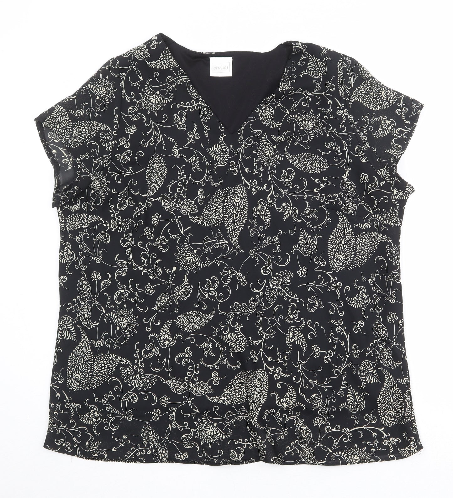 Classic Womens Black Geometric Polyester Basic T-Shirt Size 26 V-Neck