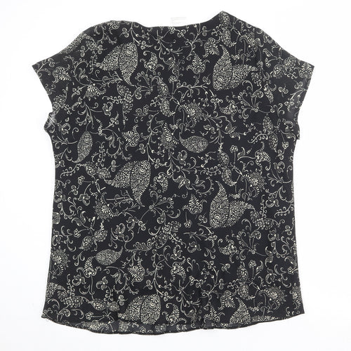 Classic Womens Black Geometric Polyester Basic T-Shirt Size 26 V-Neck