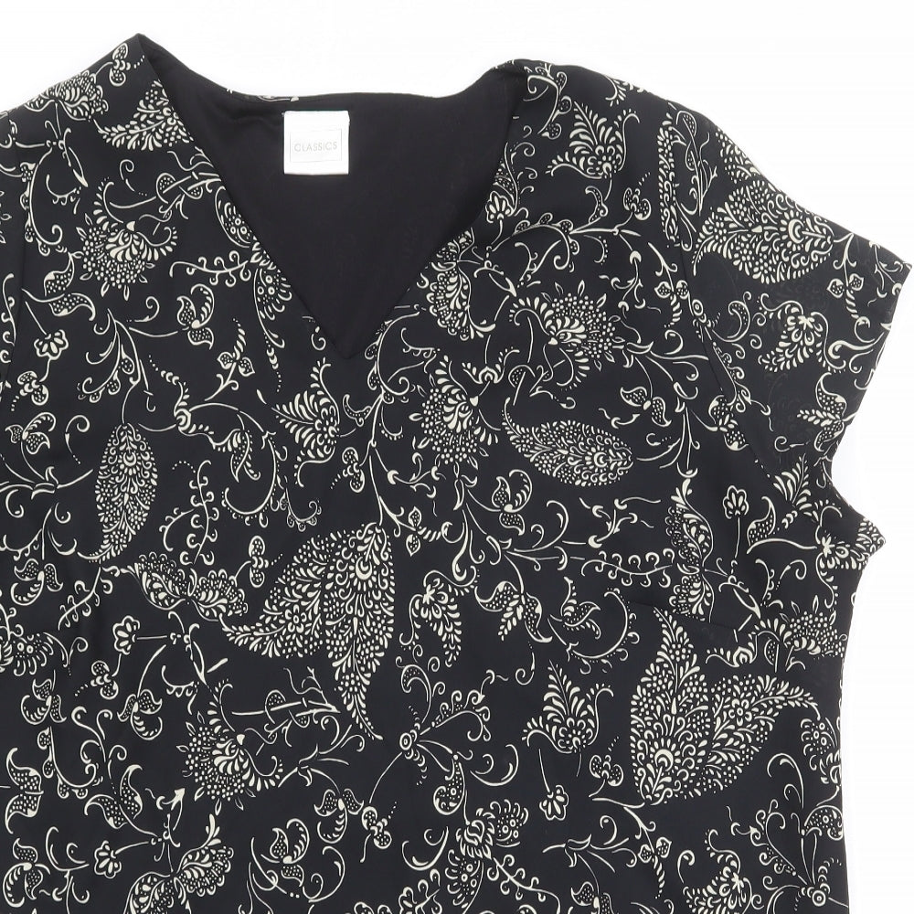 Classic Womens Black Geometric Polyester Basic T-Shirt Size 26 V-Neck