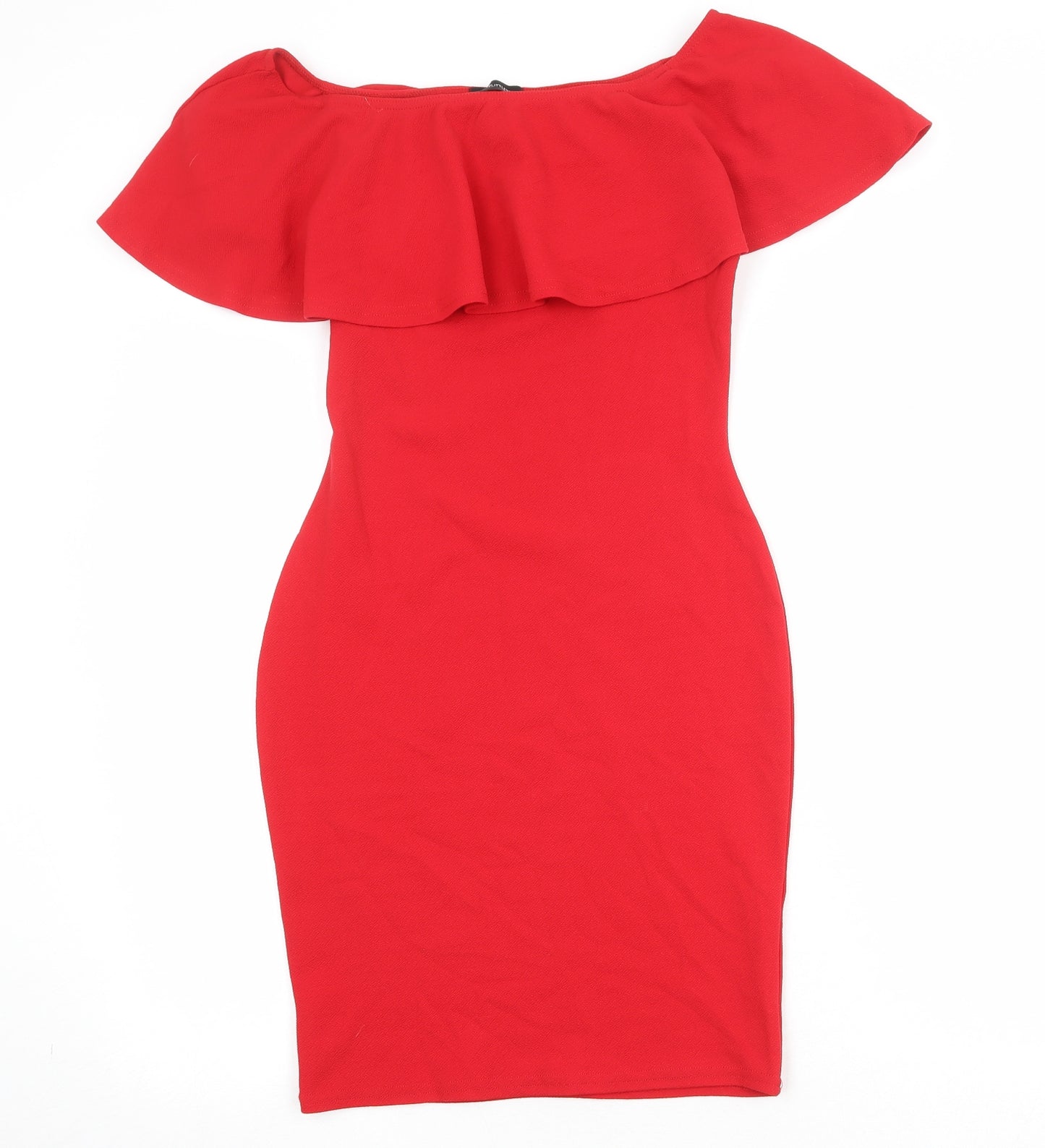 PRETTYLITTLETHING Womens Red Polyester Bodycon Size 12 Off the Shoulder Pullover