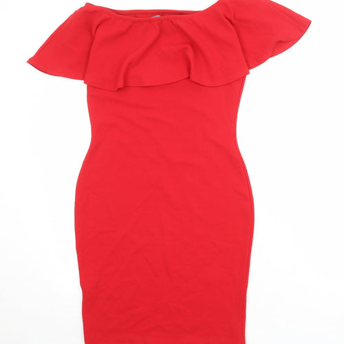 PRETTYLITTLETHING Womens Red Polyester Bodycon Size 12 Off the Shoulder Pullover