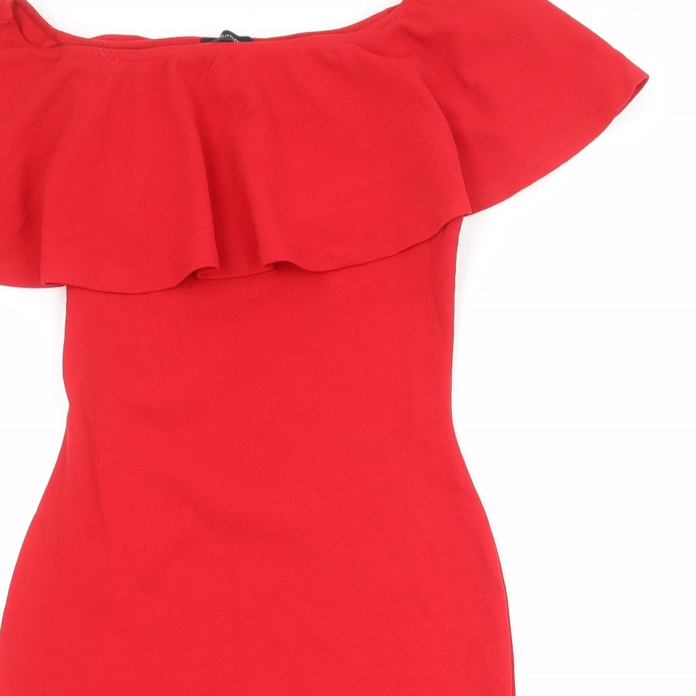 PRETTYLITTLETHING Womens Red Polyester Bodycon Size 12 Off the Shoulder Pullover
