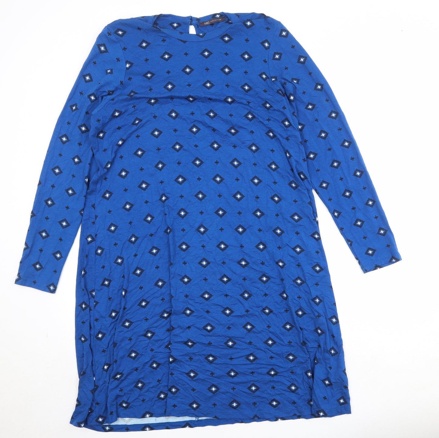Marks and Spencer Womens Blue Geometric Viscose Jumper Dress Size 20 Round Neck Button