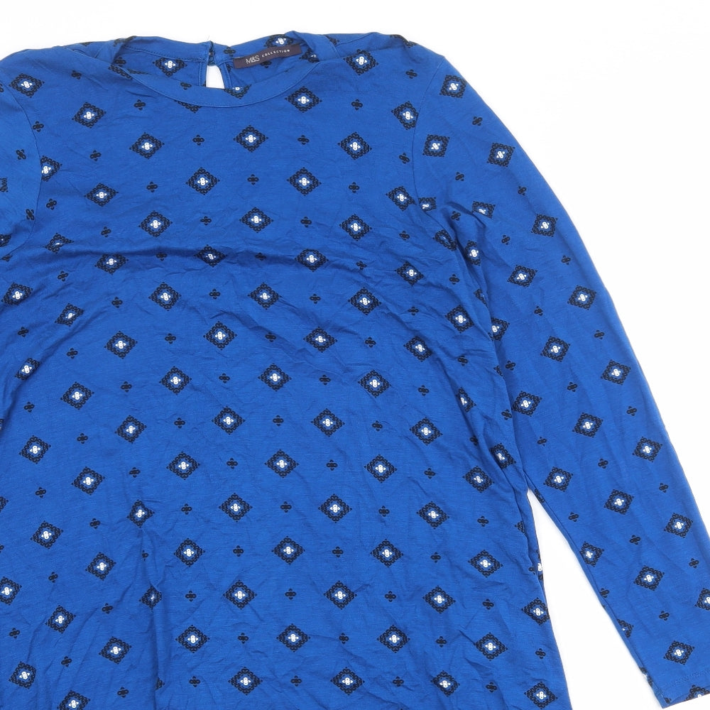 Marks and Spencer Womens Blue Geometric Viscose Jumper Dress Size 20 Round Neck Button