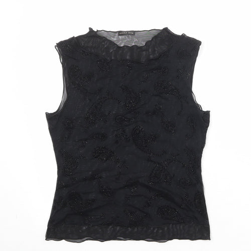 Marks and Spencer Womens Black Paisley Polyamide Basic Blouse Size 12 Boat Neck