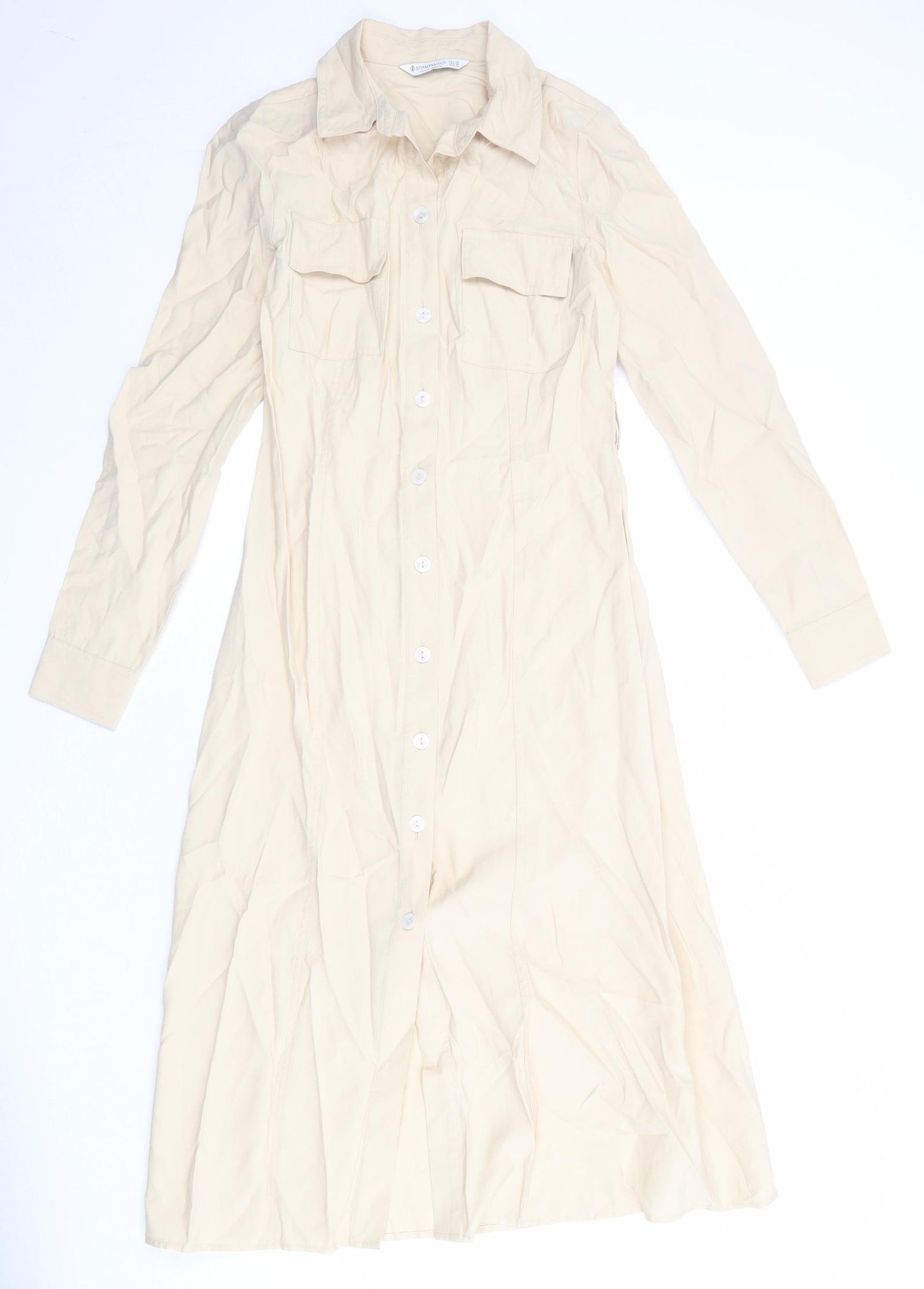 Stradivarius Womens Beige Viscose Shirt Dress Size XS Collared Button