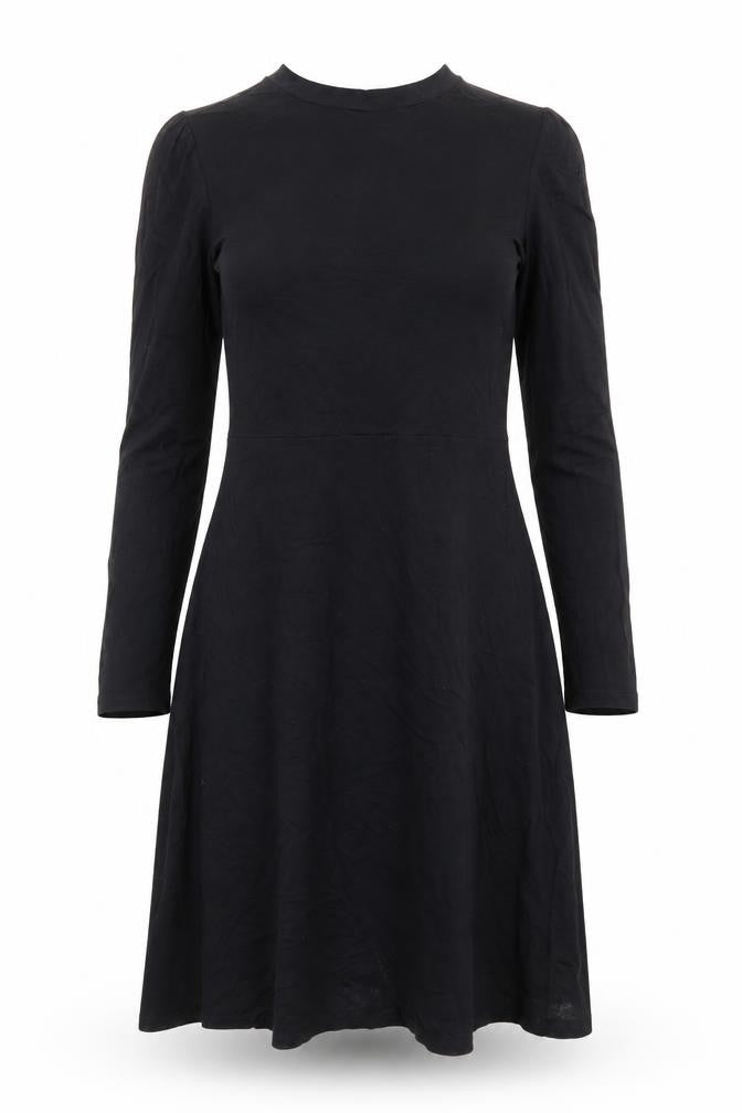 Front view of Marks & Spencer women’s black viscose trapeze & swing, size UK 8, round neck button