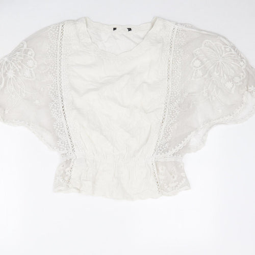 New Look Womens Ivory Cotton Basic Blouse Size S Round Neck - Lace Detail Sleeves