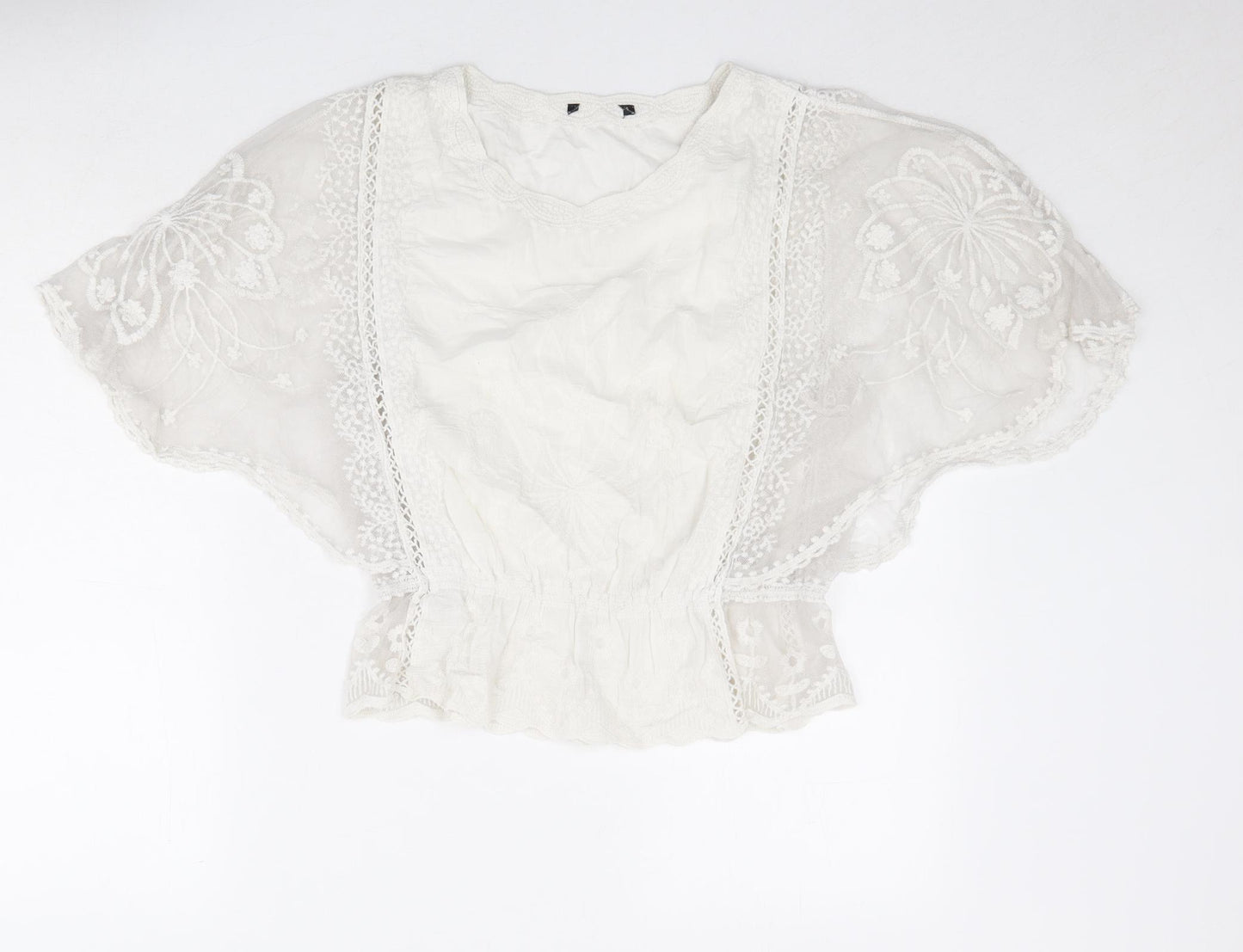 New Look Womens Ivory Cotton Basic Blouse Size S Round Neck - Lace Detail Sleeves