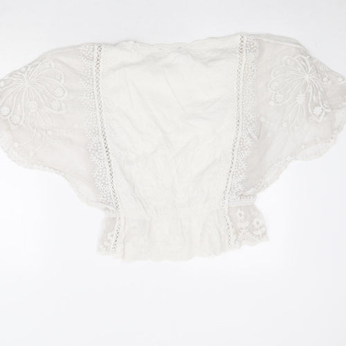 New Look Womens Ivory Cotton Basic Blouse Size S Round Neck - Lace Detail Sleeves