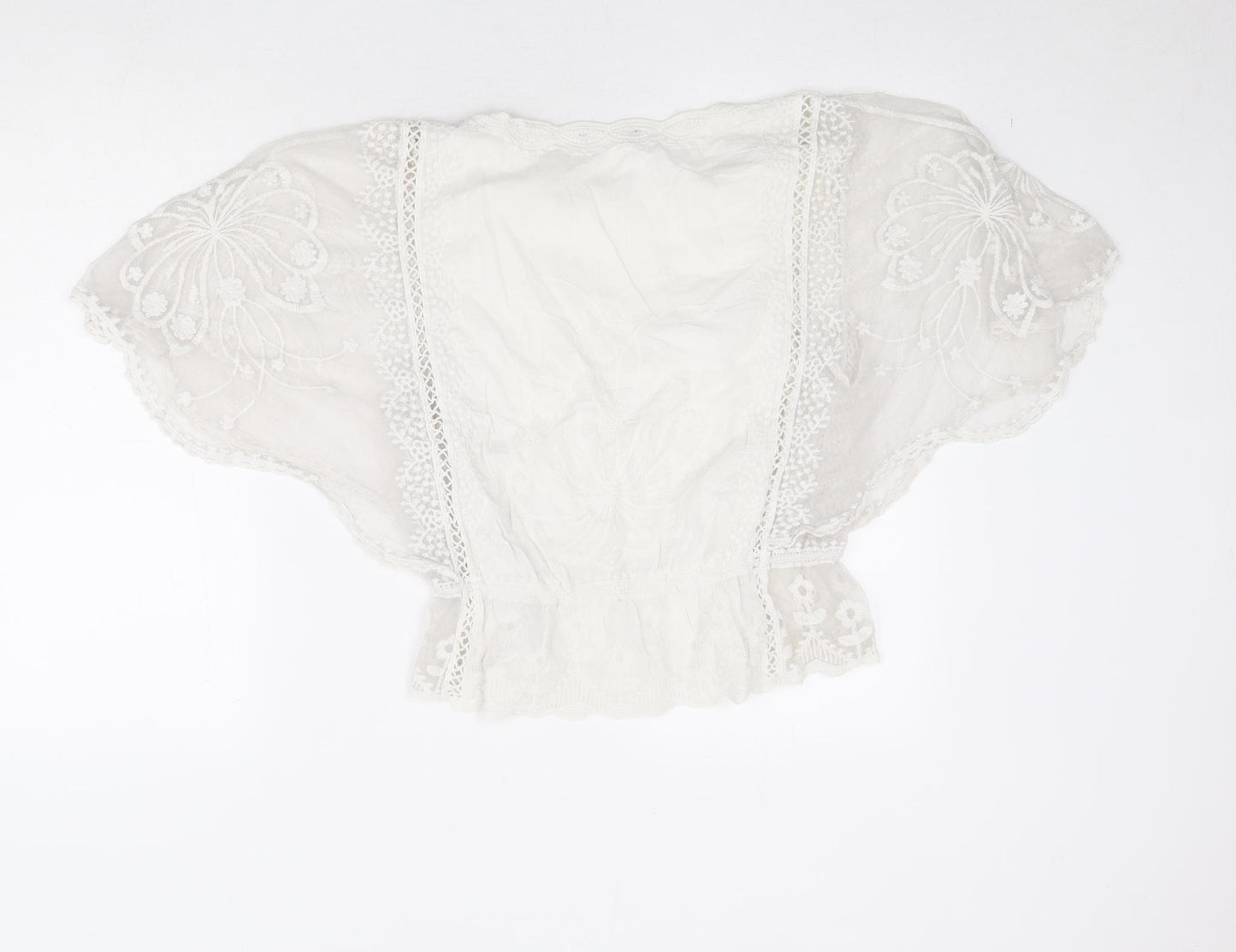 New Look Womens Ivory Cotton Basic Blouse Size S Round Neck - Lace Detail Sleeves