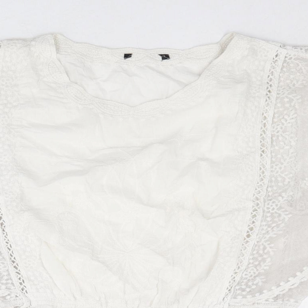 New Look Womens Ivory Cotton Basic Blouse Size S Round Neck - Lace Detail Sleeves