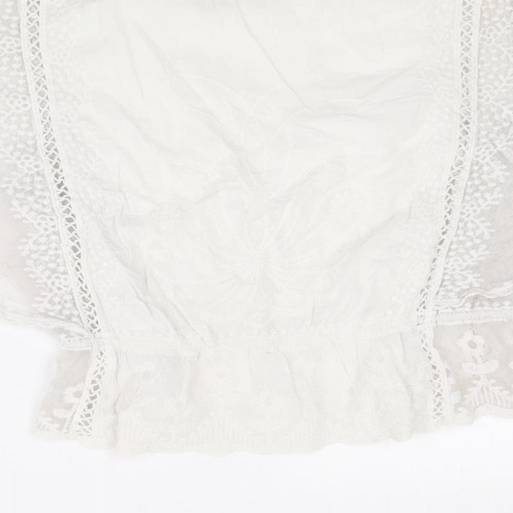 New Look Womens Ivory Cotton Basic Blouse Size S Round Neck - Lace Detail Sleeves