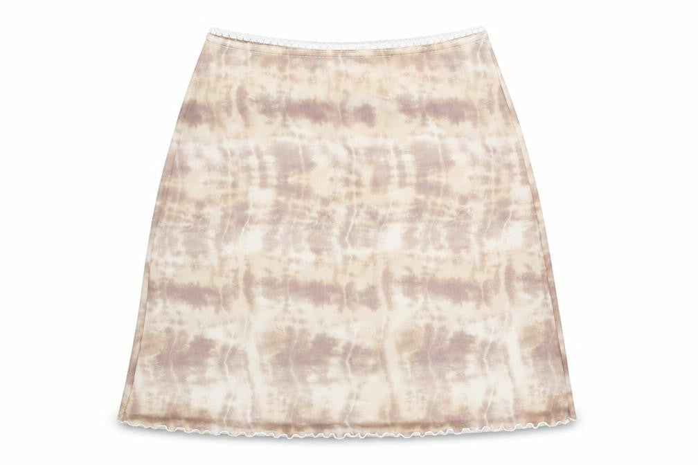 Front view of PRETTYLITTLETHING women’s beige geometric polyester swing skirt, size UK 10, - tie dye pattern