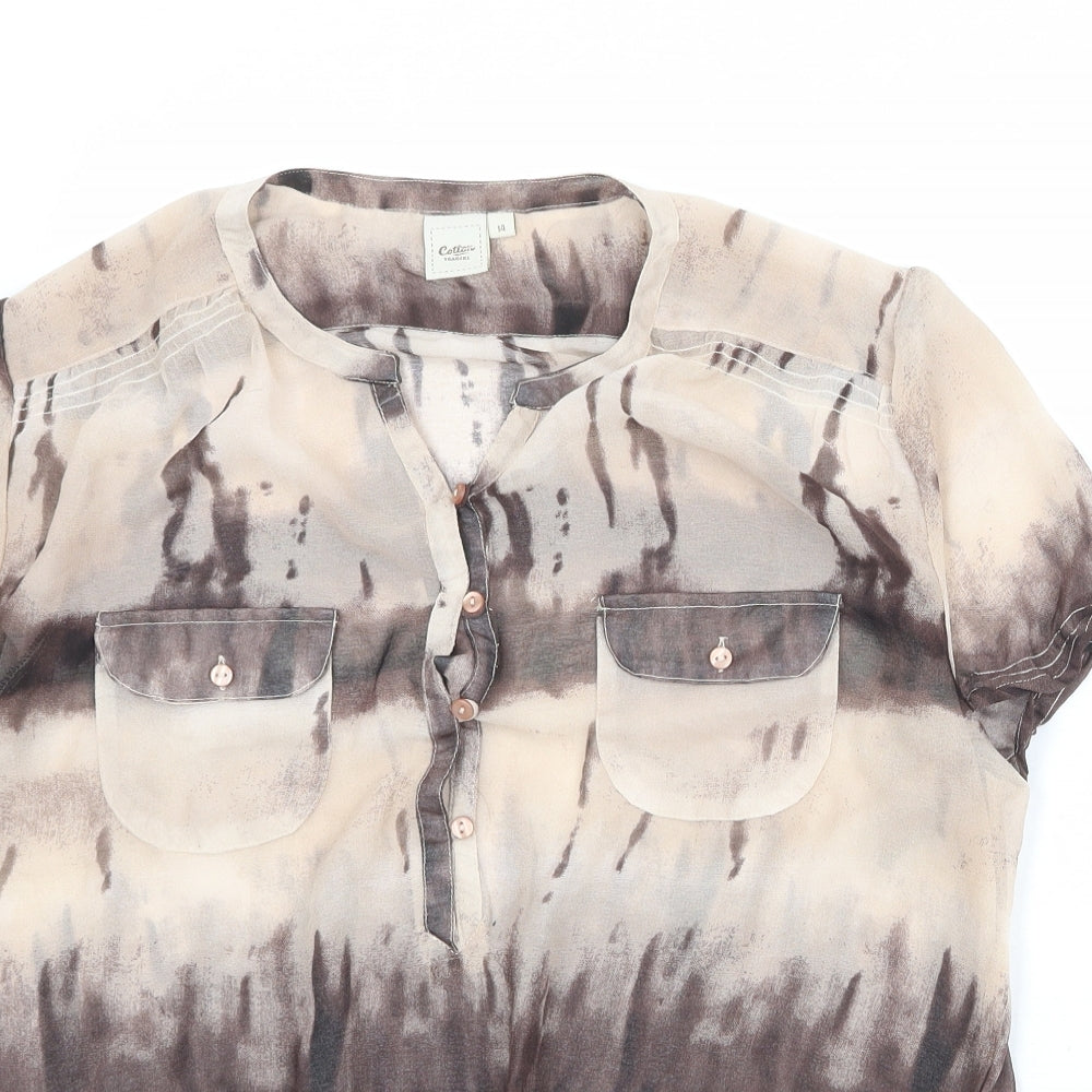 Cotton Traders Womens Beige Geometric Polyester Basic T-Shirt Size 14 V-Neck