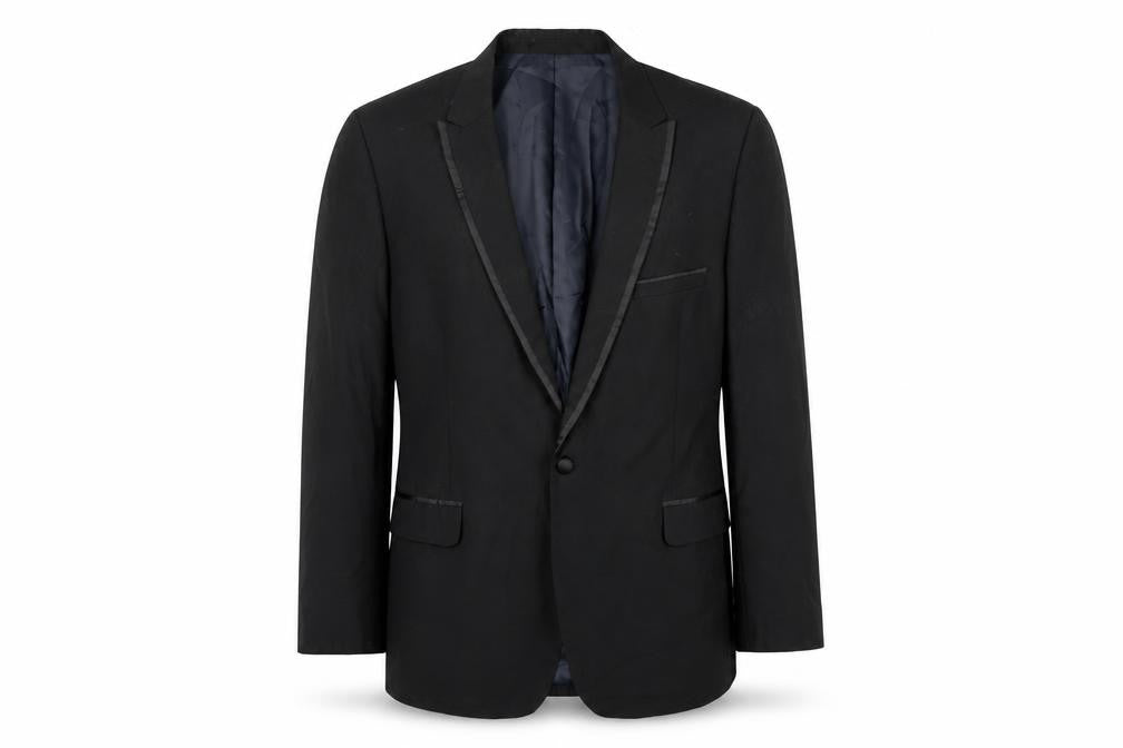 Front view of French Connection men’s black polyester jacket suit jacket, size 44, regular - satin trim
