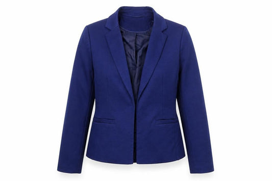Front view of Miss Selfridge women’s blue polyester jacket blazer, size UK 6, - open