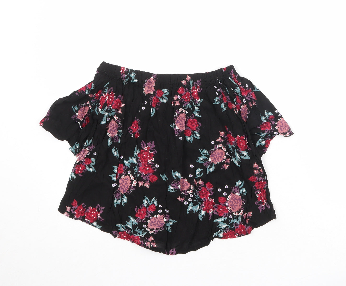 Select Womens Black Floral Viscose Basic Blouse Size 8 Off the Shoulder