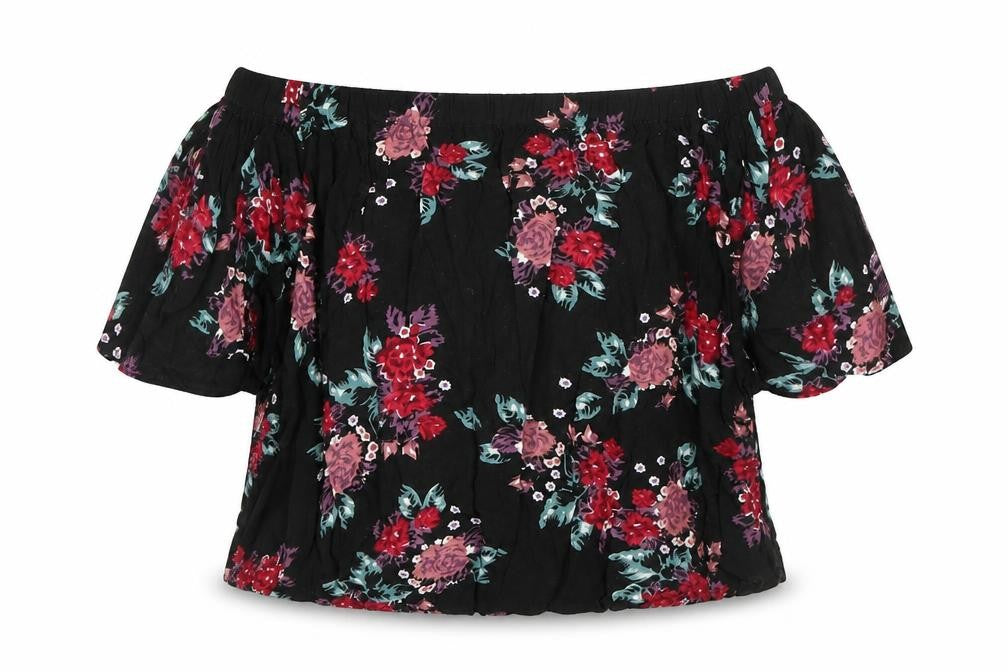 Front view of Select women’s black floral viscose basic blouse, size UK 8, off the shoulder