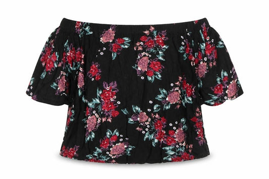 Front view of Select women’s black floral viscose basic blouse, size UK 8, off the shoulder