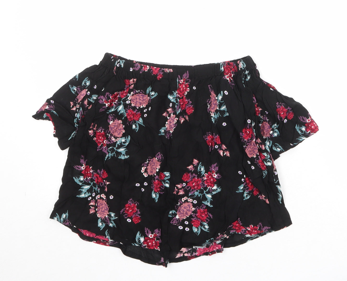 Select Womens Black Floral Viscose Basic Blouse Size 8 Off the Shoulder