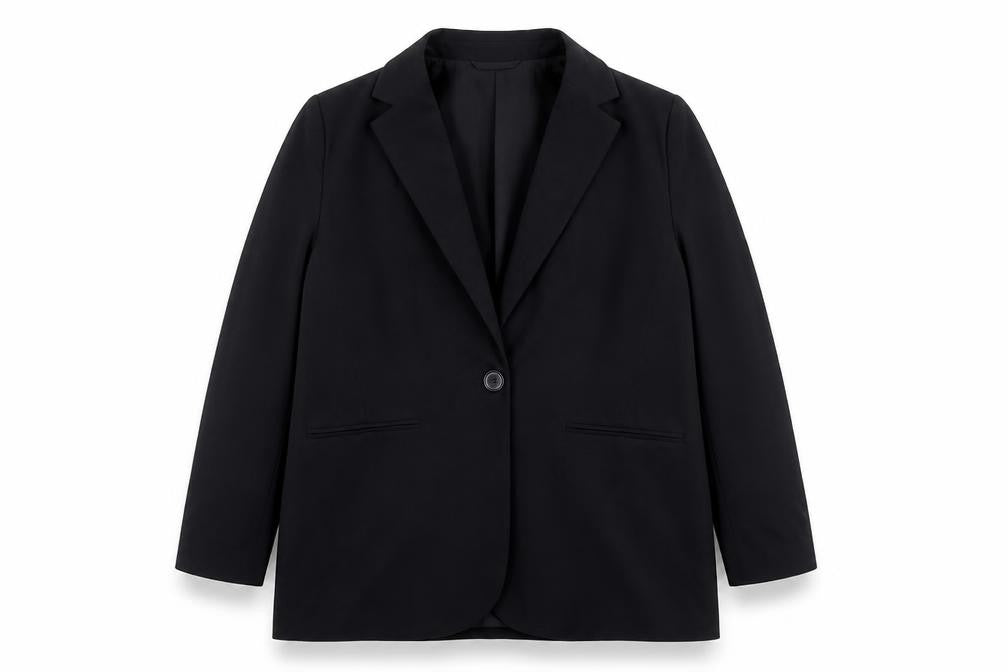 Front view of Marks & Spencer women’s black polyester jacket suit jacket, size UK 14