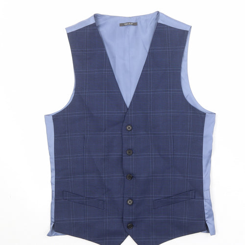 Marks and Spencer Mens Blue Plaid Polyester Jacket Suit Waistcoat Size 34 Regular