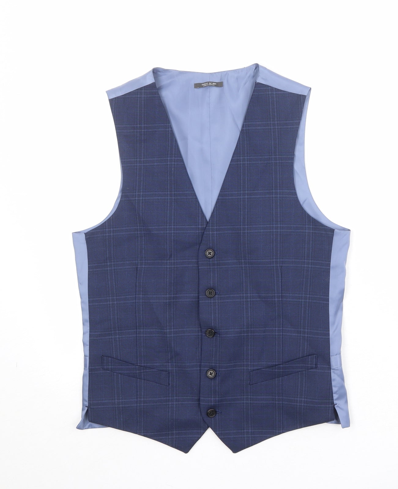 Marks and Spencer Mens Blue Plaid Polyester Jacket Suit Waistcoat Size 34 Regular