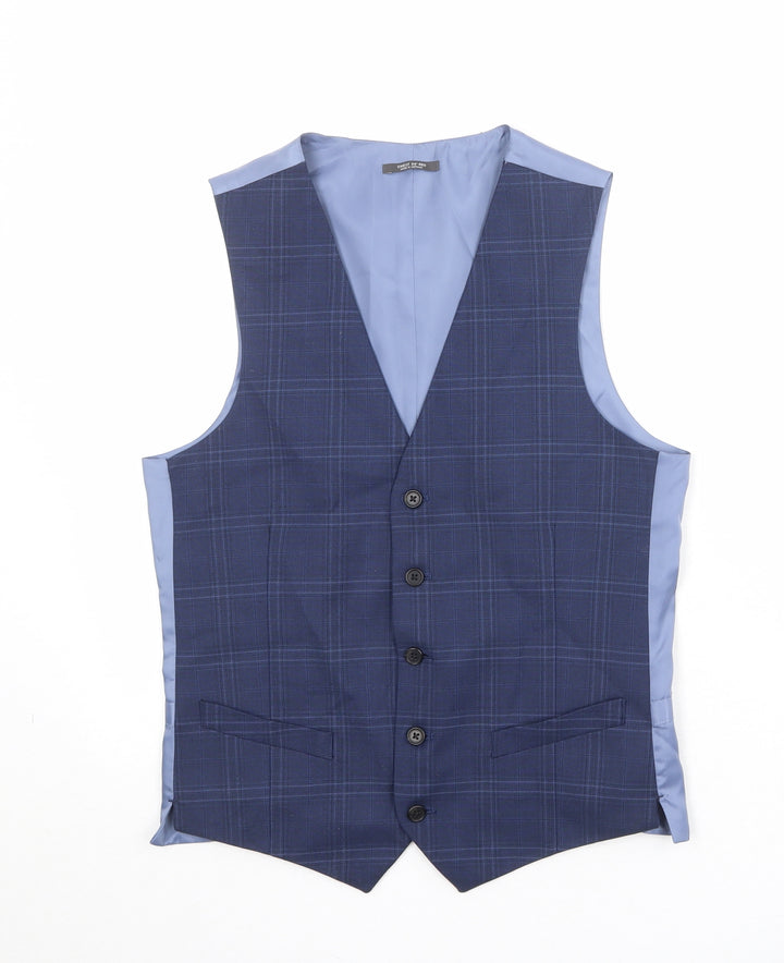 Marks and Spencer Mens Blue Plaid Polyester Jacket Suit Waistcoat Size 34 Regular