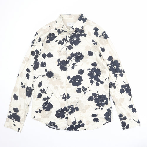 Autograph Mens Beige Floral Viscose Button-Up Size M Collared Button