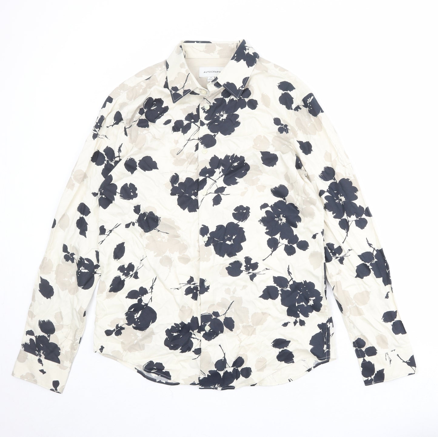 Autograph Mens Beige Floral Viscose Button-Up Size M Collared Button