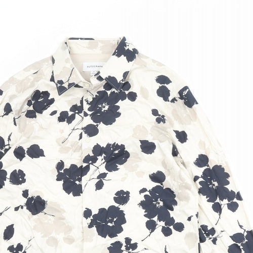 Autograph Mens Beige Floral Viscose Button-Up Size M Collared Button
