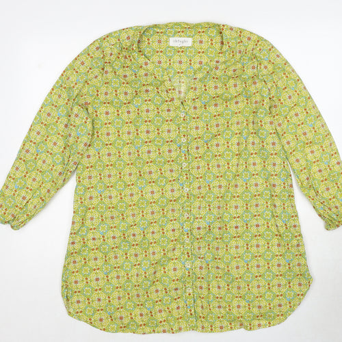 Thought Womens Green Geometric Cotton Basic Button-Up Size 16 V-Neck