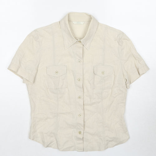 Marks and Spencer Womens Beige Linen Basic Button-Up Size 12 Collared