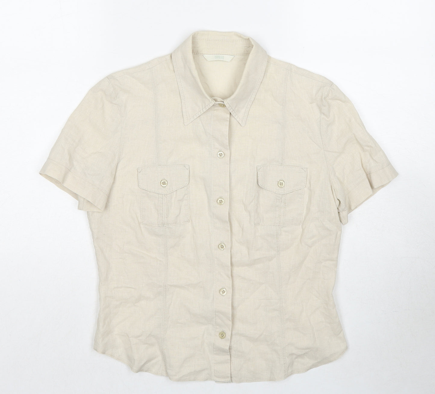 Marks and Spencer Womens Beige Linen Basic Button-Up Size 12 Collared