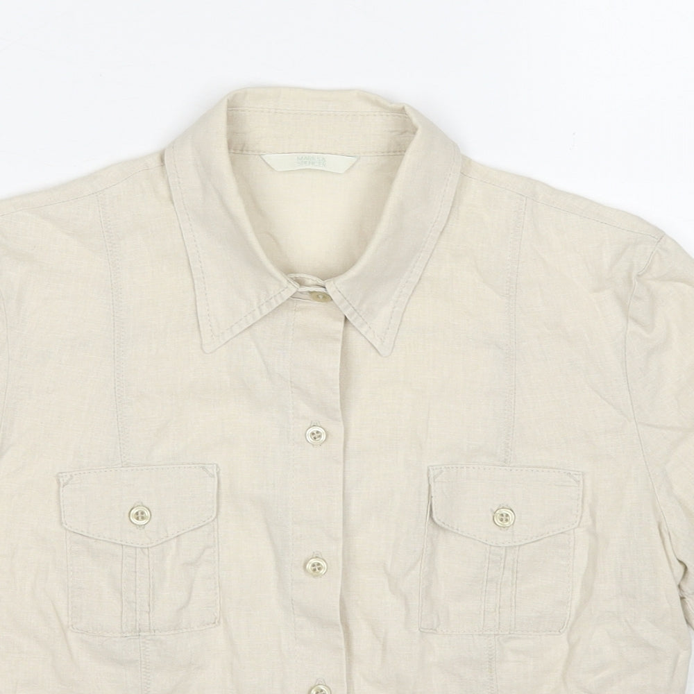 Marks and Spencer Womens Beige Linen Basic Button-Up Size 12 Collared