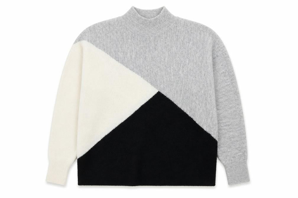 Front view of Dorothy Perkins women’s multicoloured mock neck geometric acrylic jumper, size UK 12