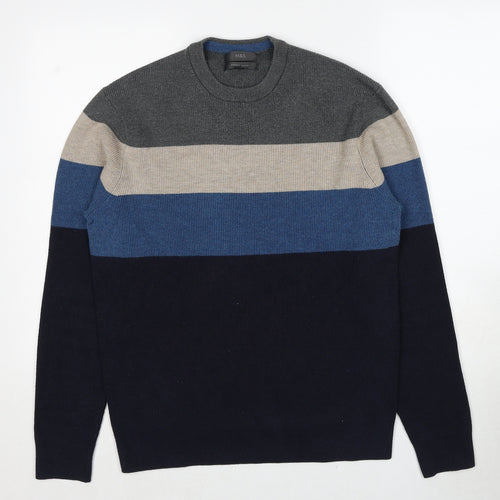 Marks and Spencer Mens Blue Round Neck Striped Polyester Pullover Jumper Size S Long Sleeve