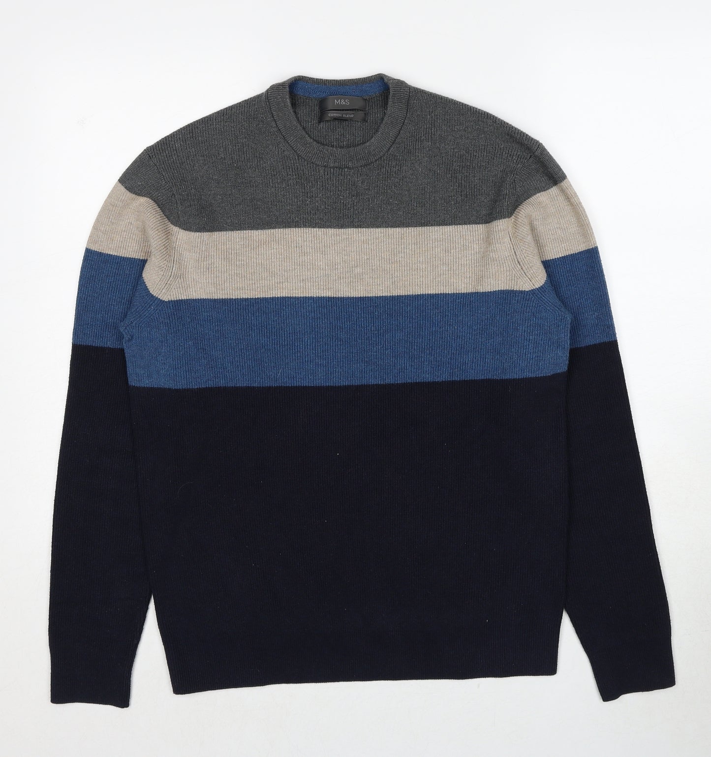 Marks and Spencer Mens Blue Round Neck Striped Polyester Pullover Jumper Size S Long Sleeve