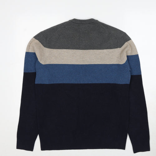 Marks and Spencer Mens Blue Round Neck Striped Polyester Pullover Jumper Size S Long Sleeve