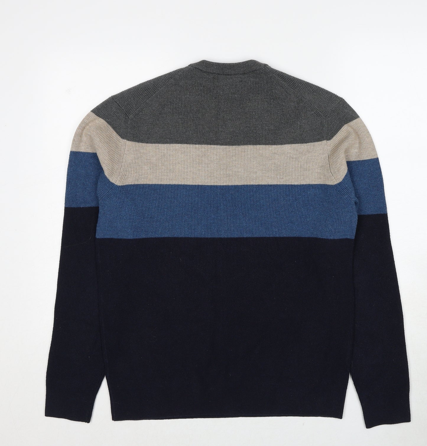 Marks and Spencer Mens Blue Round Neck Striped Polyester Pullover Jumper Size S Long Sleeve