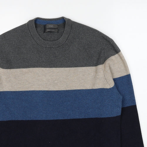 Marks and Spencer Mens Blue Round Neck Striped Polyester Pullover Jumper Size S Long Sleeve
