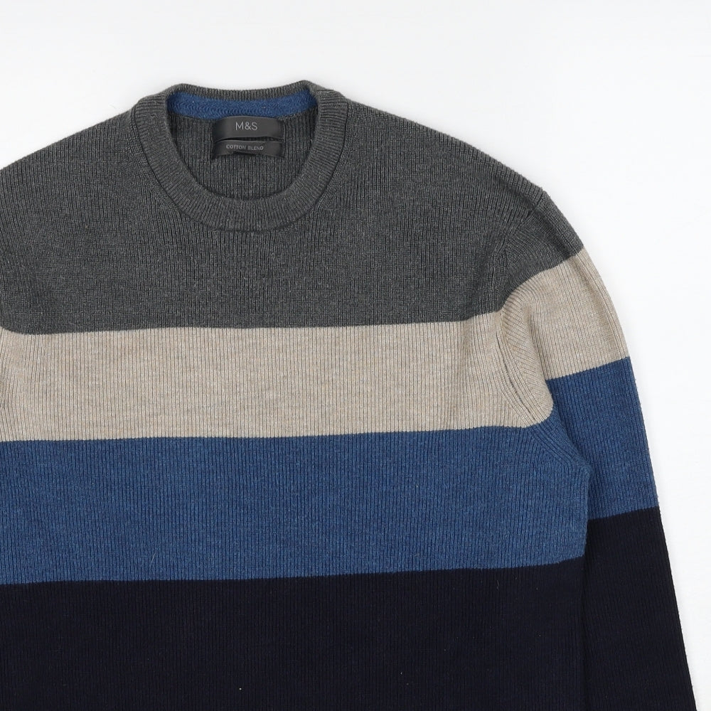 Marks and Spencer Mens Blue Round Neck Striped Polyester Pullover Jumper Size S Long Sleeve