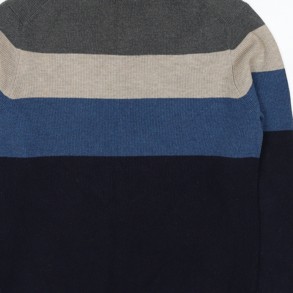 Marks and Spencer Mens Blue Round Neck Striped Polyester Pullover Jumper Size S Long Sleeve